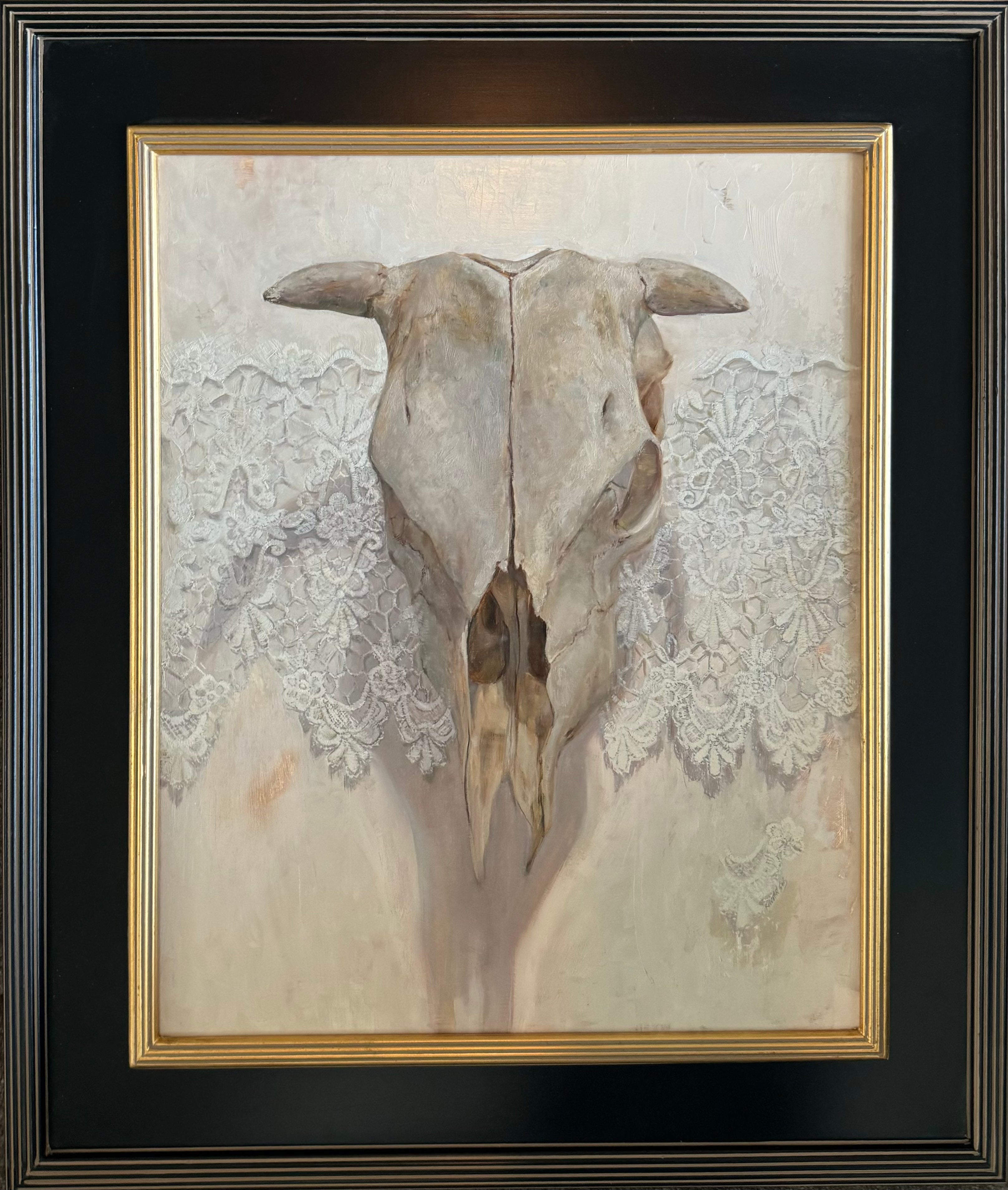 Monochrome Cow Skull on Lace, Kristin Gibby