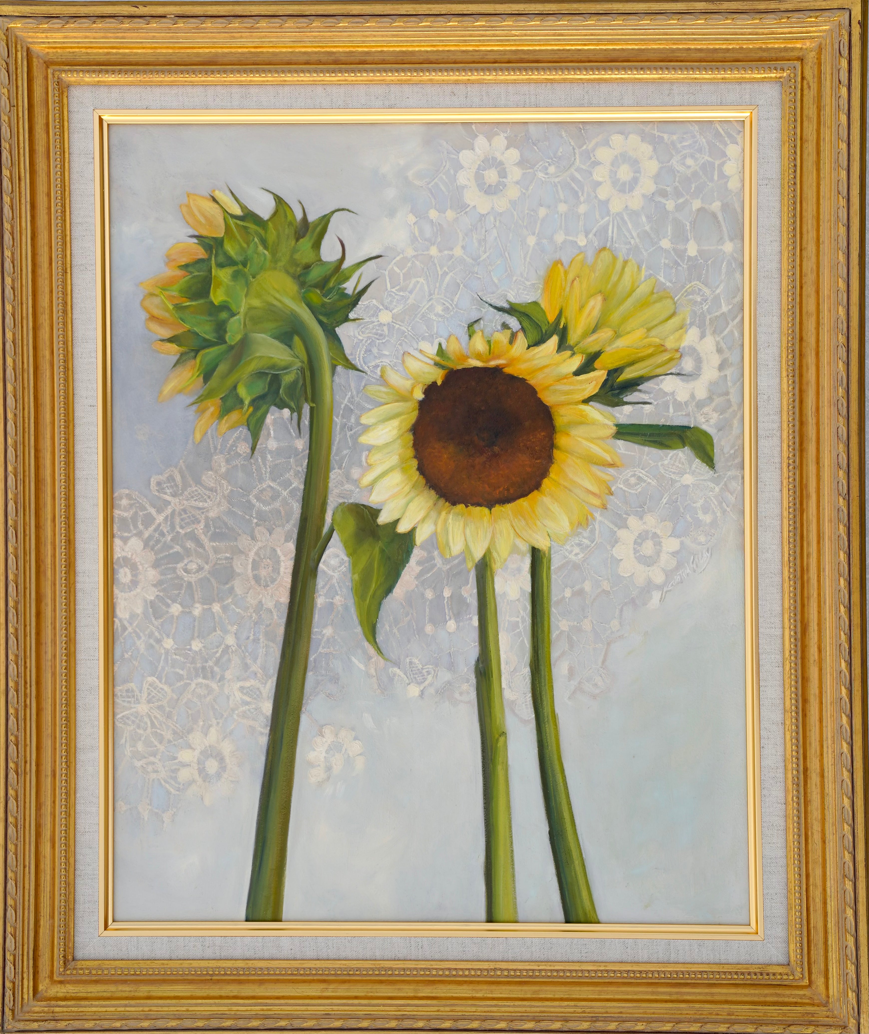 Sunflower Trio on Lace, Kristin Gibby